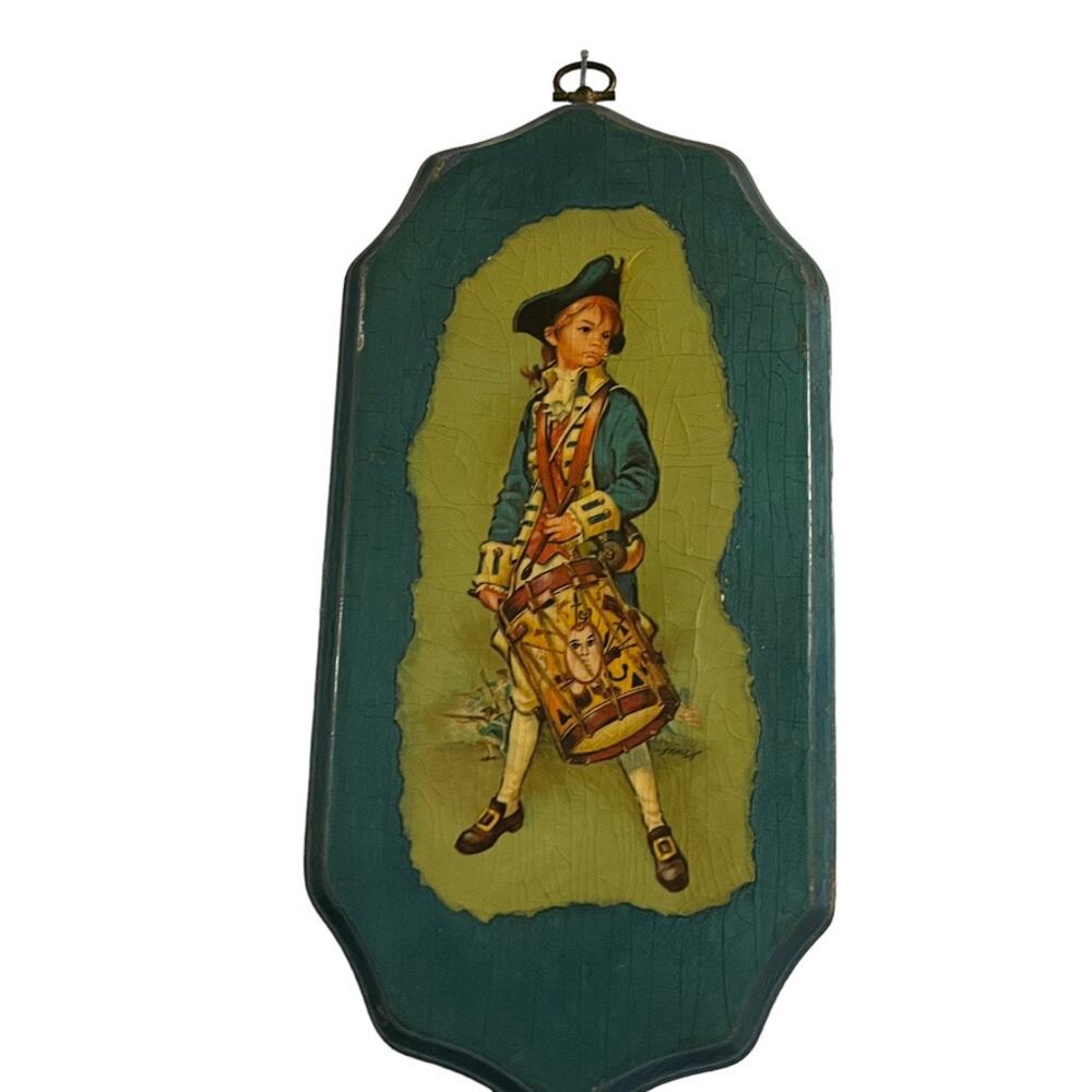 Drummer Boy Plaque Retro Decoupage Wall Hanging on Wood Vintage 70s Chic